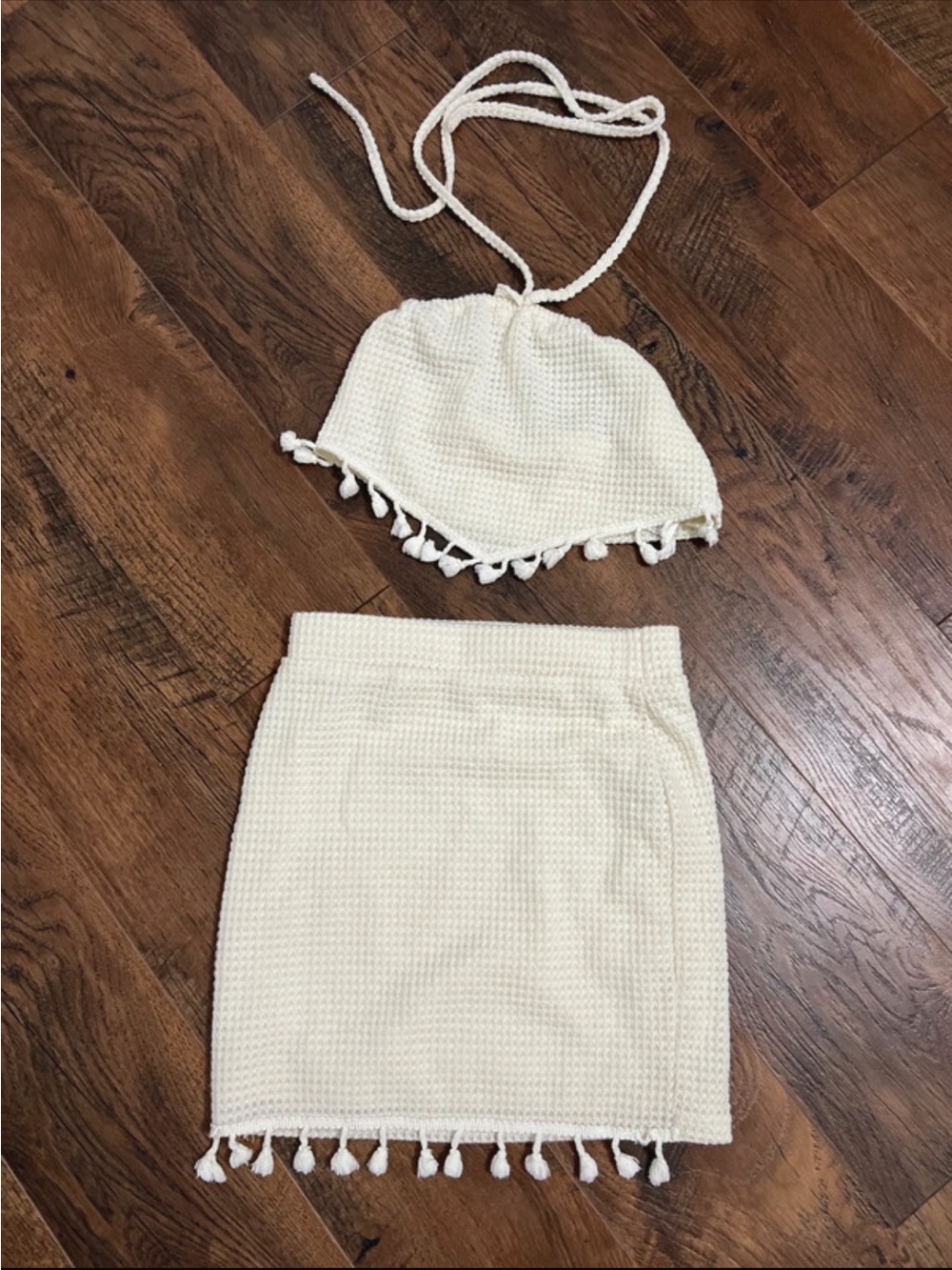 SHEIN Cream Crochet Tassel Mini Skirt Set